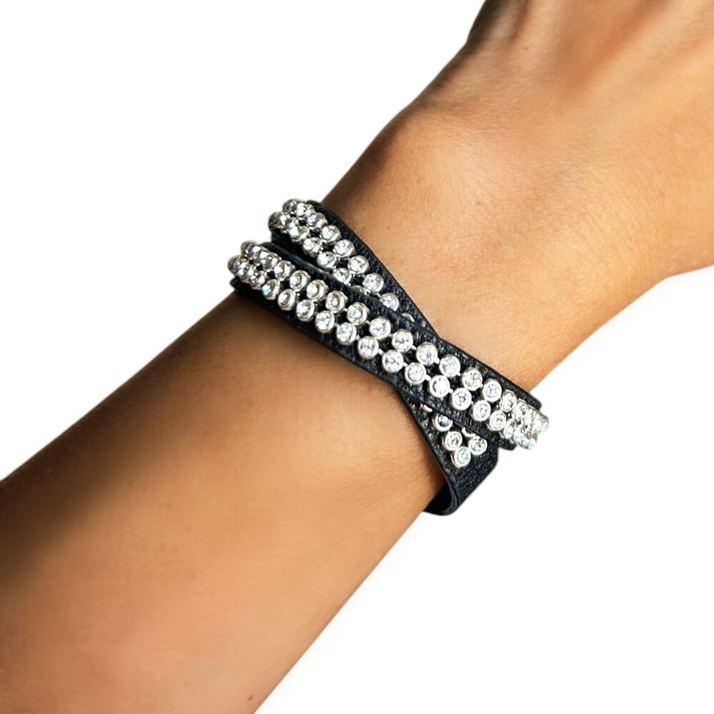 Chloe + Isabel Leather Double Wrap Rhinestone Black Bracelet Adjustable